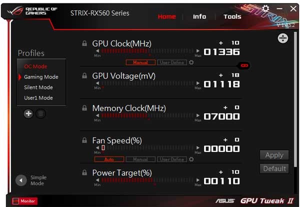 Asus Strix RX 560 O4G Gaming GPU Tweak II OC mode
