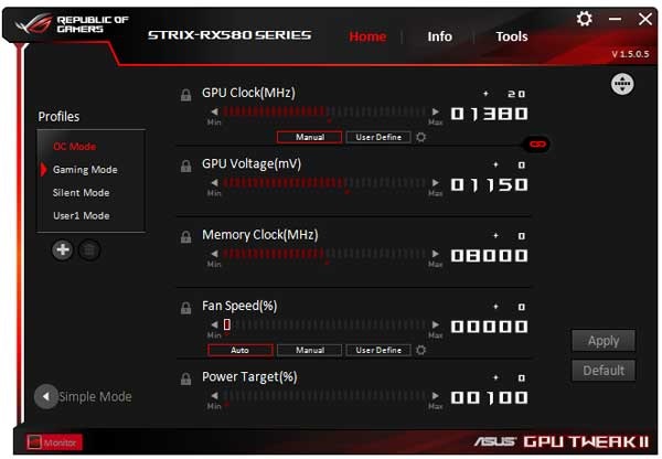 Asus Strix RX 580 O8G Gaming GPU Tweak II OC mode