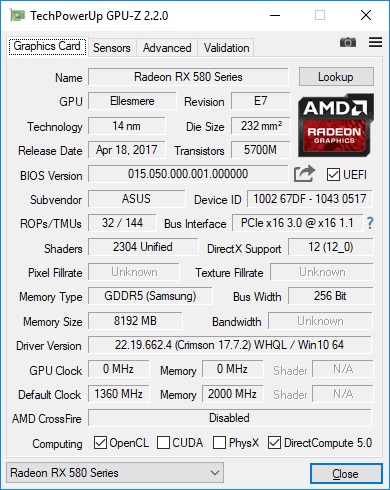 Asus Strix RX 580 O8G Gaming GPUZ