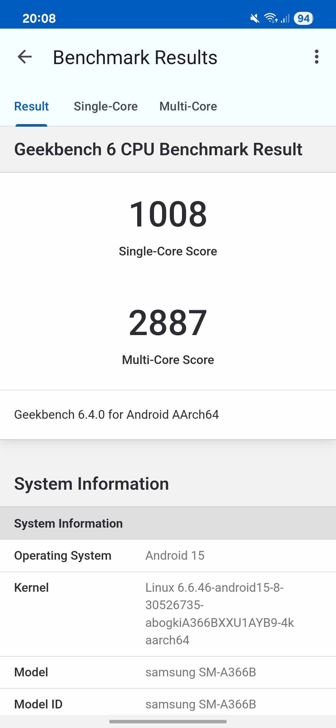 Samsung Galaxy A36 5G, Testbericht, Geekbench