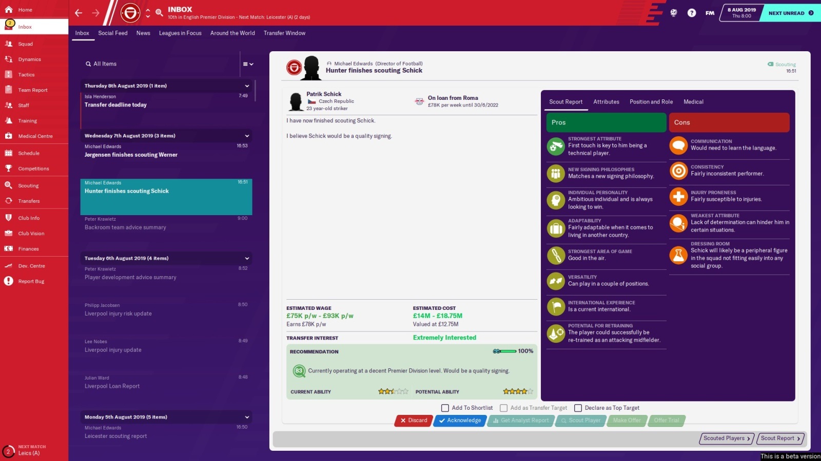 Football Manager 2020; gameplay: Shick