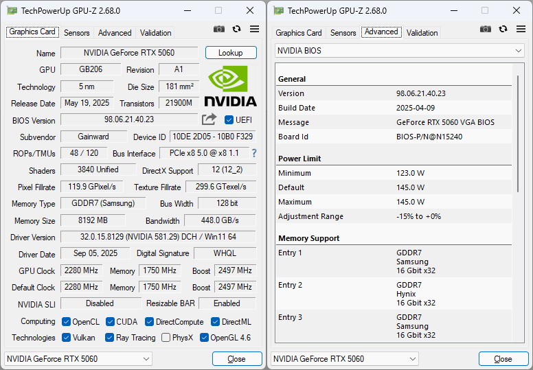 Gainward RTX 5060 PYTHON III 8G GPUZ Gainward RTX 5060 PYTHON III 8G GPUZ