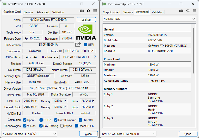 Gainward RTX 5060 Ti PYTHON III OC 16G GPUZ Gainward RTX 5060 Ti PYTHON III OC 16G GPUZ