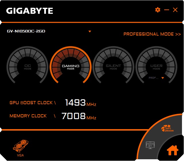 Gigabyte GTX 1050 OC 2G Graphics Engine Gaming mode