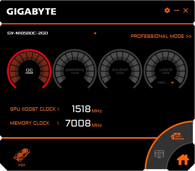 Gigabyte GTX 1050 OC 2G Graphics Engine OC mode