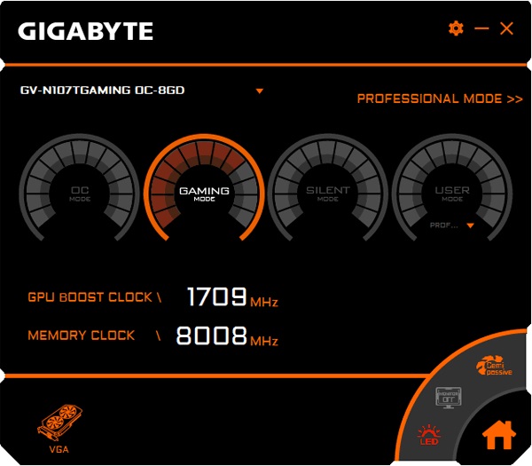 Gigabyte GTX 1070 Ti Gaming OC 8G Graphics Engine Gaming mode