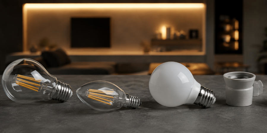 Moderne Wohnraumbeleuchtung mit verschiedenen LED-Leuchtmitteln und Lampenfassungen im Überblick