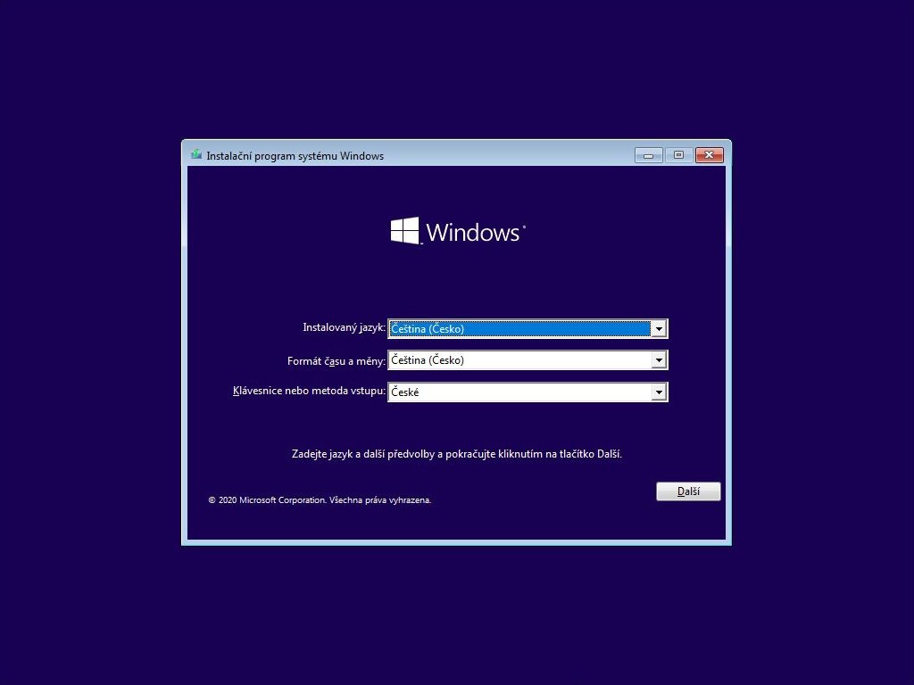 První okno instalace Windows 10