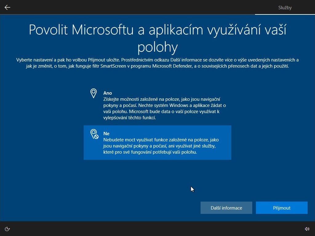 Možnosti nastavení instalace Windows 10