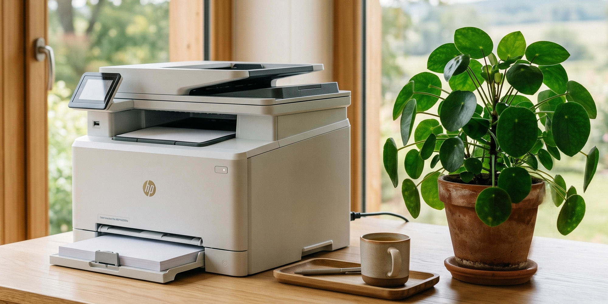 Ein aufgeräumter Home-Office-Arbeitsplatz mit einem modernen Laserdrucker