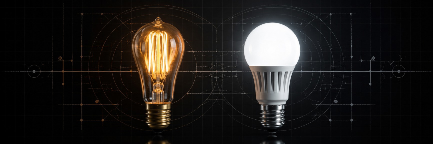 Schematische Darstellung der Helligkeitstransformation von klassischen Glühbirnen zu modernen LED-Leuchtmitteln
