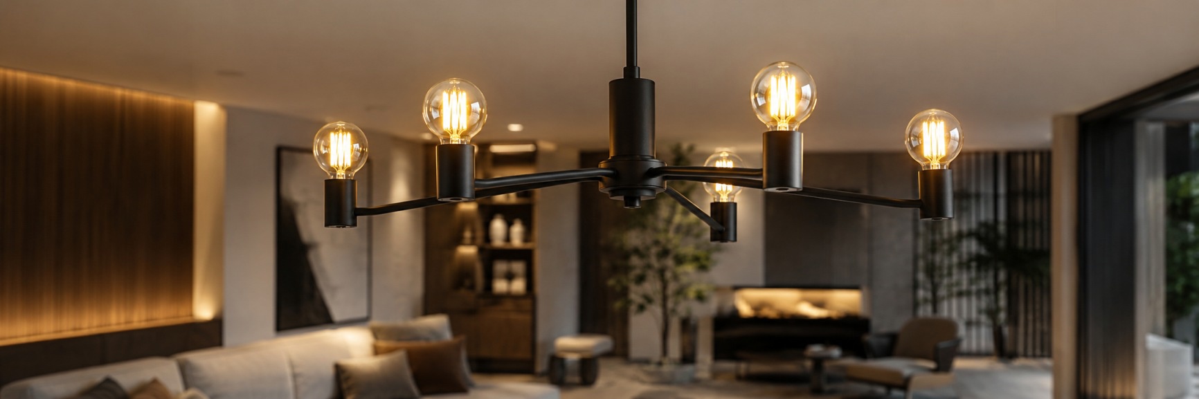 Moderne mehrflammige Wohnzimmer-Pendelleuchte mit fünf präzise angeordneten LED-Filament-Birnen im minimalistischen Design
