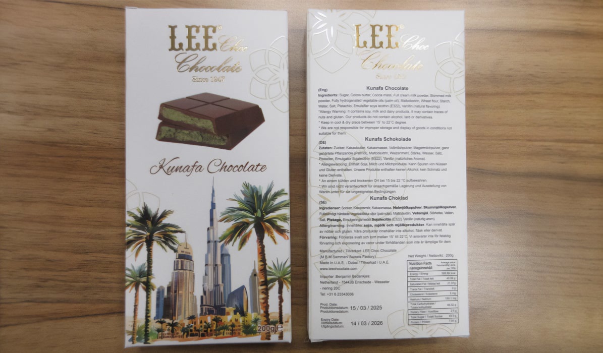 LEE Choc Dubajská čokoláda 200 g, DMT do 14/03/2026, pôvod Spojené arabské emiráty
