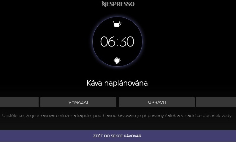 Aplikace Nespresso - odložený start
