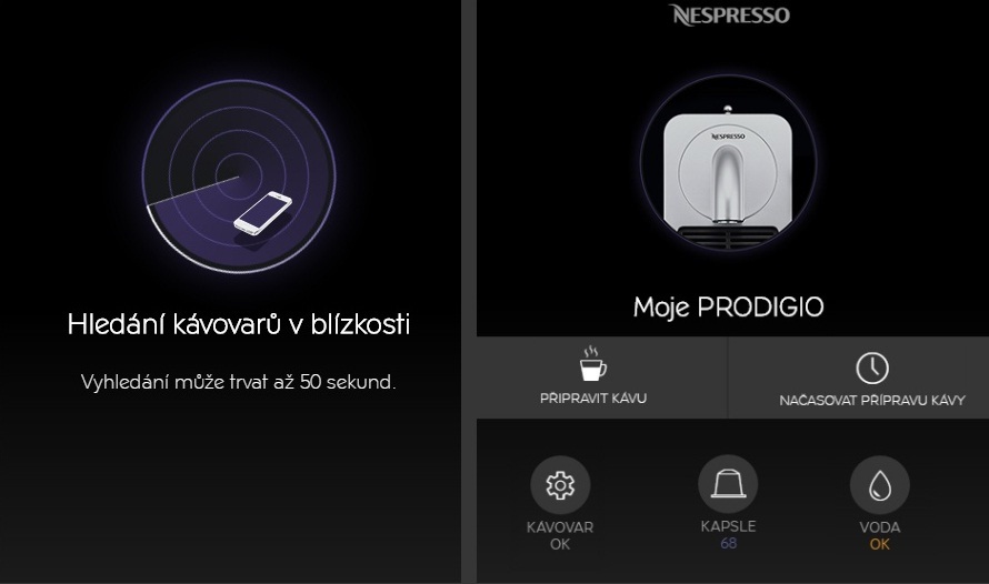 Aplikace Nespresso - úvodní obrazovka