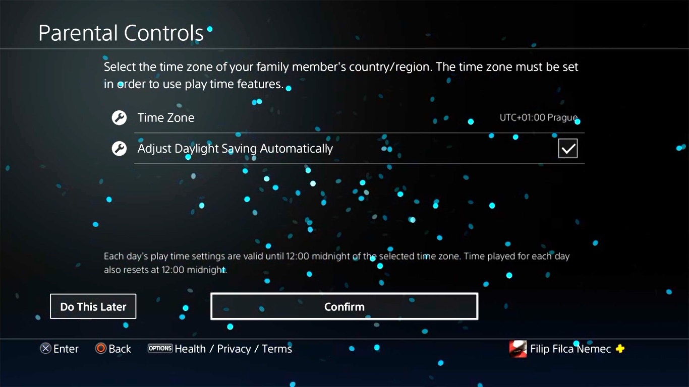 Rodičovská kontrola PlayStation 4; screenshot: časové pásmo