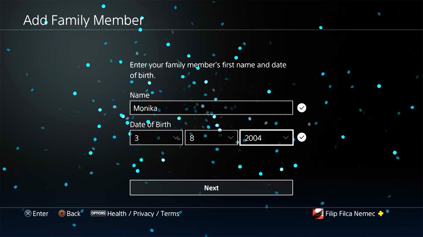 Rodičovská kontrola PlayStation 4; screenshot: jméno a věk