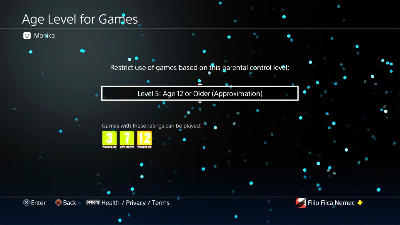 Rodičovská kontrola PlayStation 4; screenshot: pegi