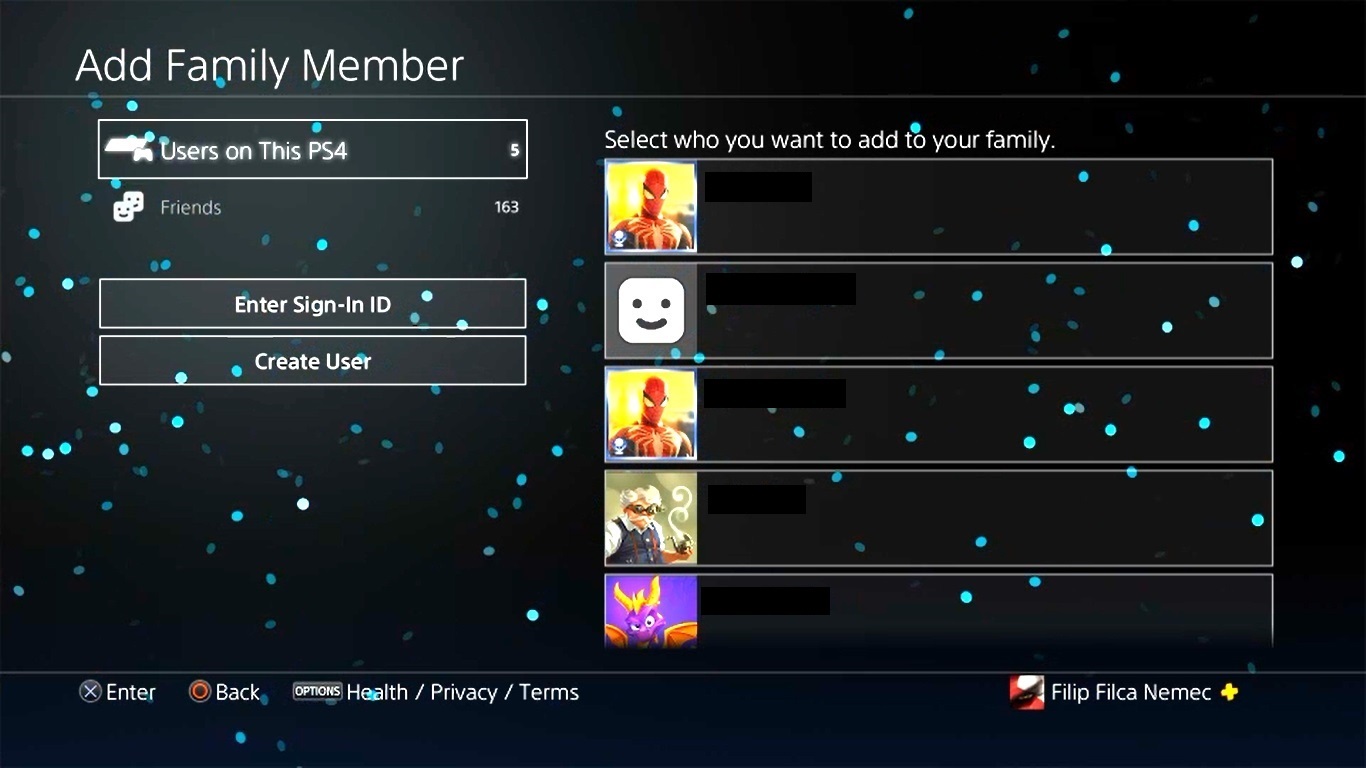 Rodičovská kontrola PlayStation 4; screenshot: profily