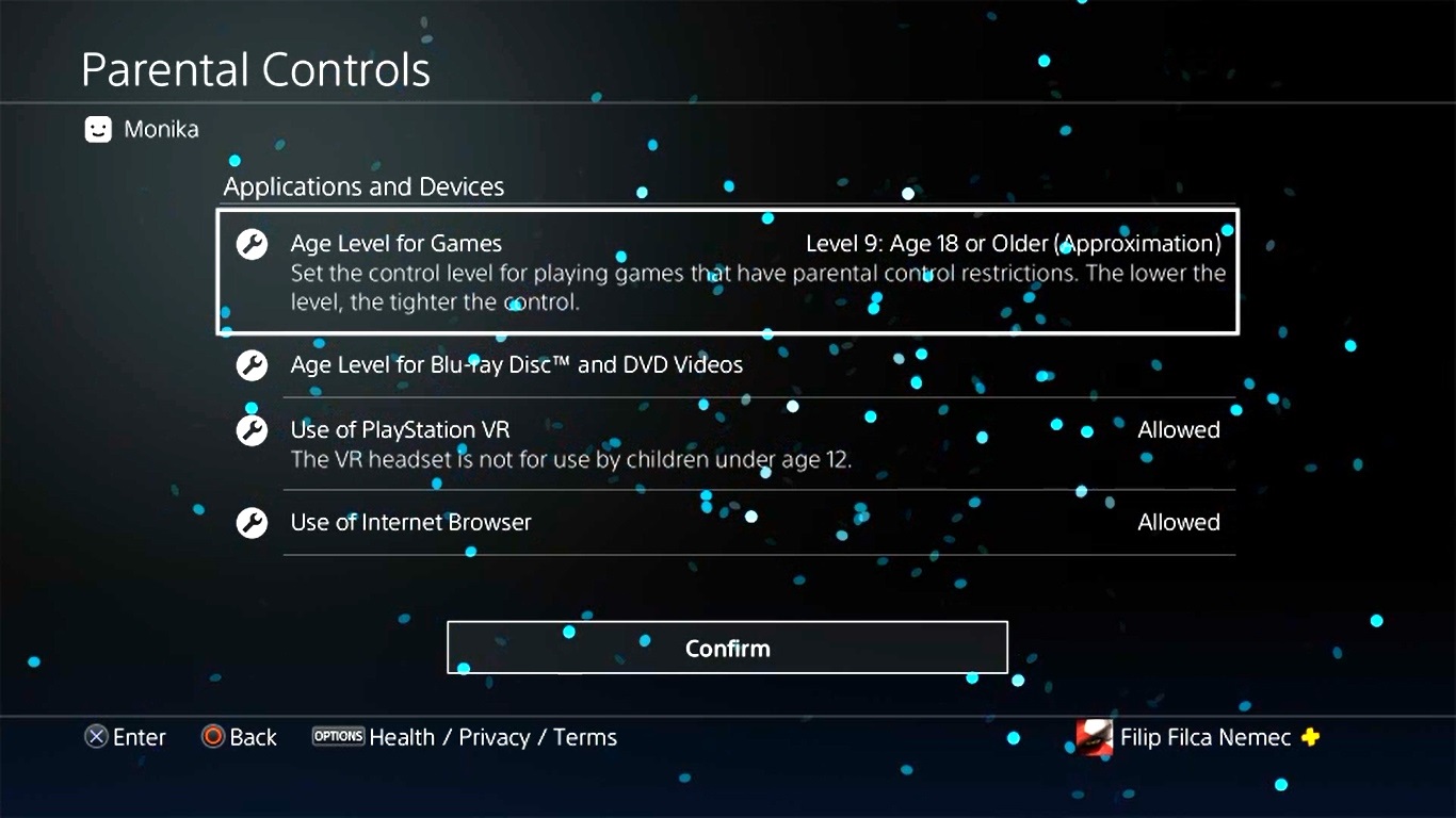 Rodičovská kontrola PlayStation 4; screenshot: základní nastavení