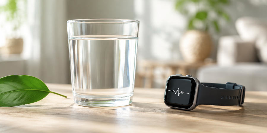 Ein medizinisches Stethoskop neben einem Glas Wasser auf einem Holztisch