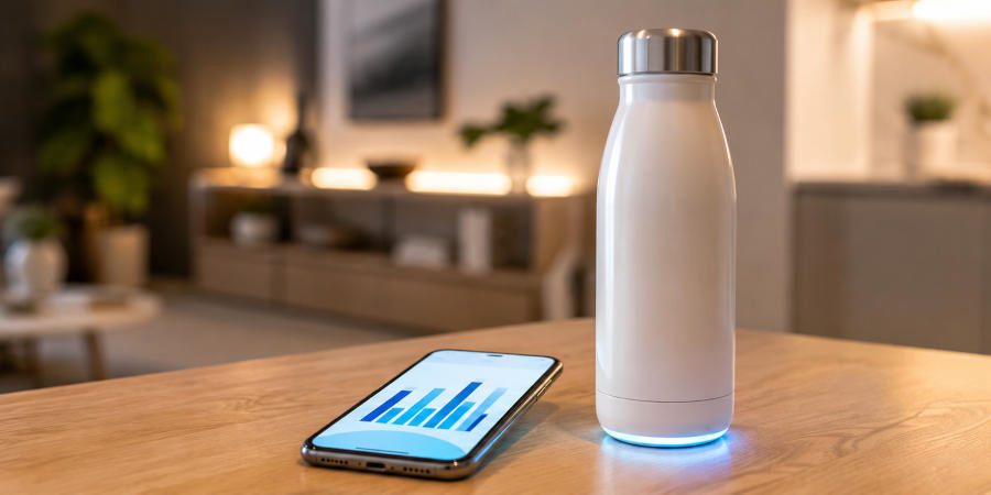 Ein helles Smartphone neben einer edlen Edelstahl-Trinkflasche auf einem gläsernen Tisch