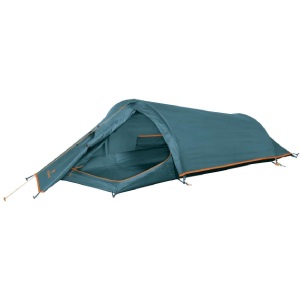 Zelenomodrý ultralight stan s tunelovou konstrukcí a s oranžovými prvky