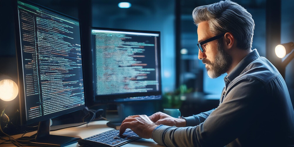 muž, programování, počítač, monitor