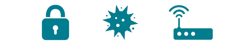 router, virus, bezpečnostní zámek, grafika