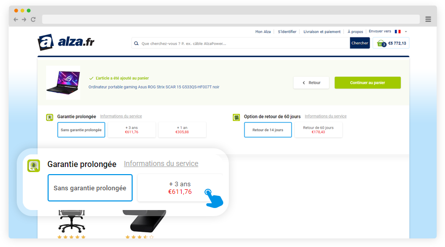 Selecting the extended warranty in the shopping cart on Alza.cz
