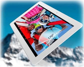 Tablet Asus zobrazující obrázek lyžařů pod velkým úhlem