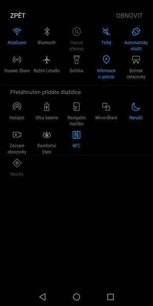 Huawei P smart screenshot – rýchle prepínače