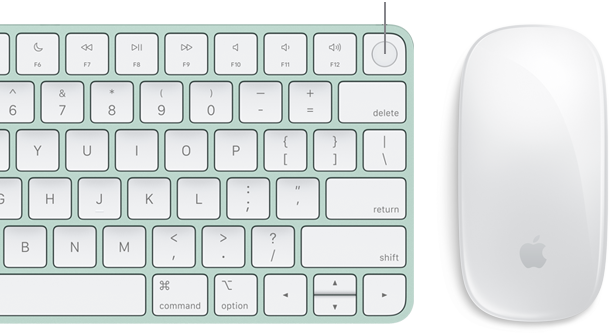 Detailní pohled shora na Magic Keyboard s Touch ID, vedle něj je Magic Mouse.