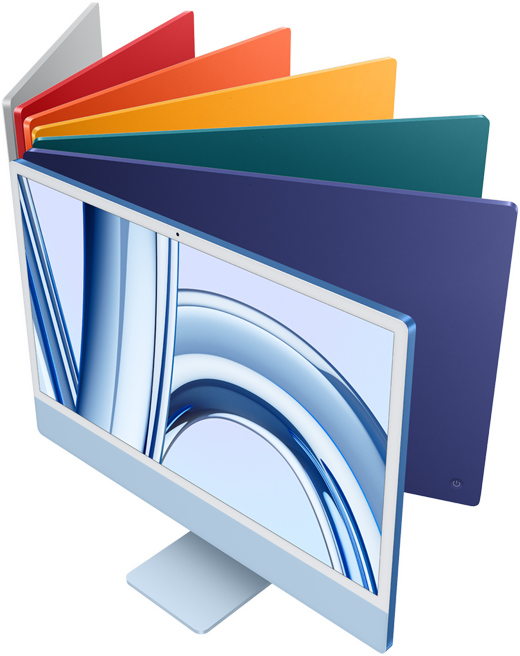 Pohled shora na sedm iMaců – stříbrný, modrý, fialový, růžový, oranžový, žlutý a zelený.