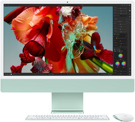 Na obrazovce iMacu je v Adobe Lightroomu pestrobarevná květina, která ilustruje barevný rozsah a rozlišení Retina 4,5K displeje.