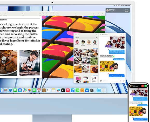 iMac a iPhone vedle sebe ilustrují funkce Kontinuity – sdílení textové konverzace a fotek mezi oběma zařízeními.