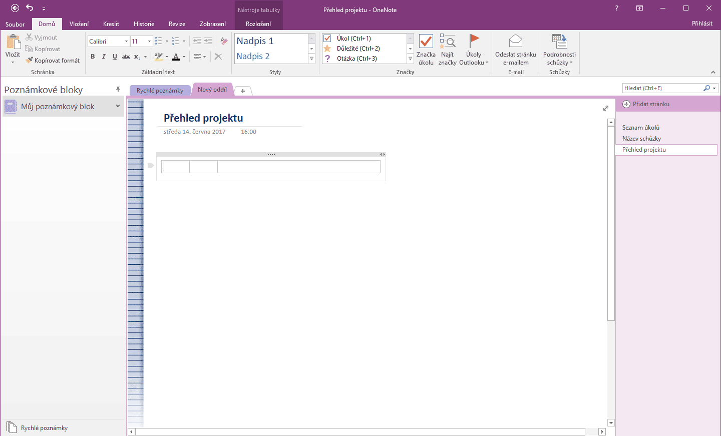 Rozhraní programu Microsoft OneNote