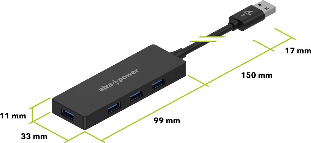 AlzaPower FlatCore USB-A (M) na 4× USB-A 3.2 (F) černý