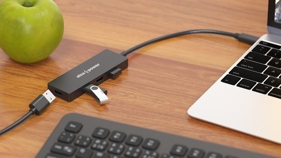 USB Hub AlzaPower FlatCore USB-C (M) na 4× USB-A 2.0 (F) černý