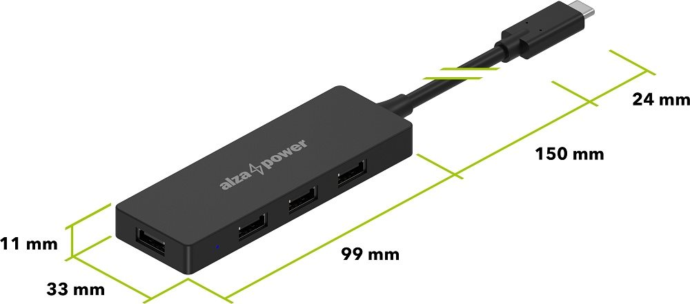 USB Hub AlzaPower FlatCore USB-C (M) na 4× USB-A 2.0 (F) černý