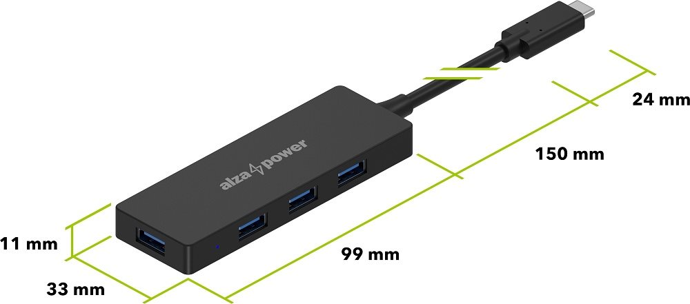AlzaPower FlatCore USB-C (M) na 4× USB-A 3.2 (F) černý