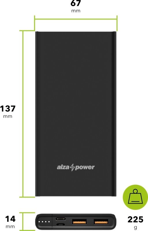 Powerbank AlzaPower Metal 10000mAh Schnellladegerät + PD3.0 schwarz