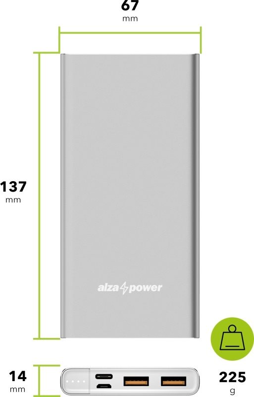 AlzaPower Metal 10 000 mAh Fast Charge + PD3.0 powerbank, ezüst