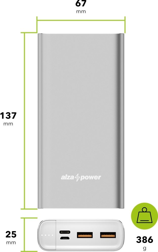 Powerbank AlzaPower Metal 20000mAh Schnellladegerät + PD3.0 silber