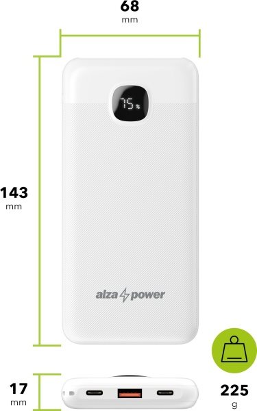 AlzaPower Garnet 10000mAh Power Delivery (22,5W), powerbank fehér