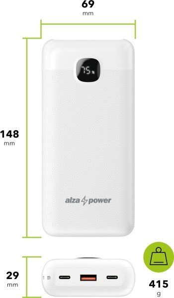 AlzaPower Garnet 20000mAh Power Delivery (22,5W) powerbank, fehér
