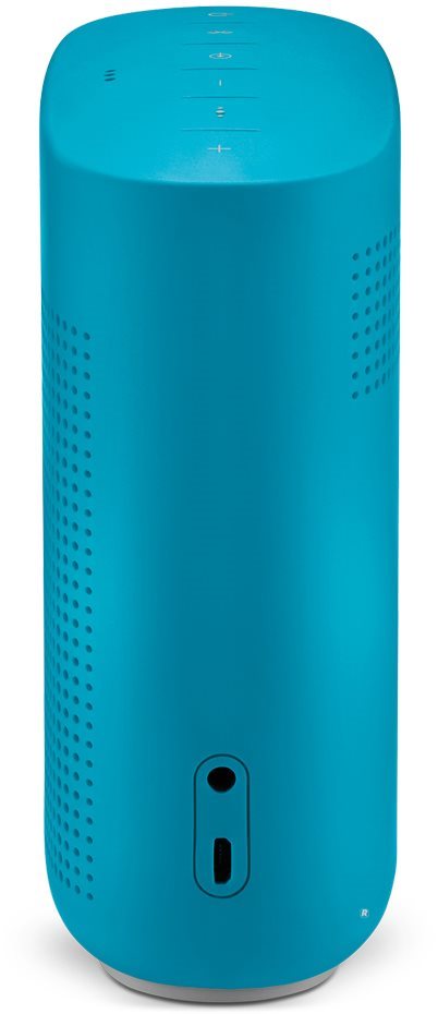 Connectors and control elements Konektory a částečný pohled na ovládací prvky reproduktoru BOSE SoundLink Color II Aquatic Blue
