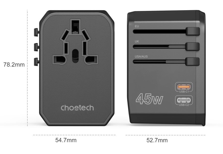 Cestovný adaptér ChoeTech PD45W 2C+2A Travel Wall Charger (US/EU/UK/AU)
