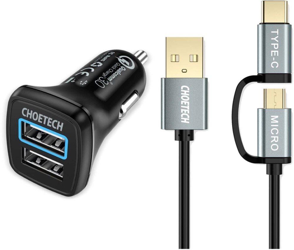 Set ChoeTech 2x QC3.0 USB-A Car Charger Black + 2 in 1 USB to Micro USB + Type-C (USB-C) Cable 1.2m