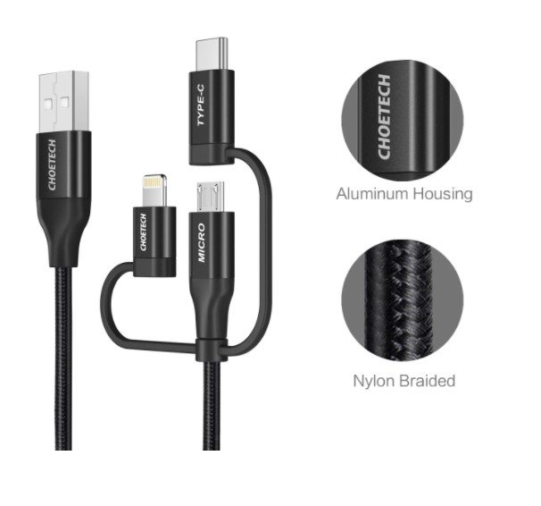Choetech 1.2m MFI 3-in-1 usb-A zu Typ-c+micro+Beleuchtung Nylon Kabel